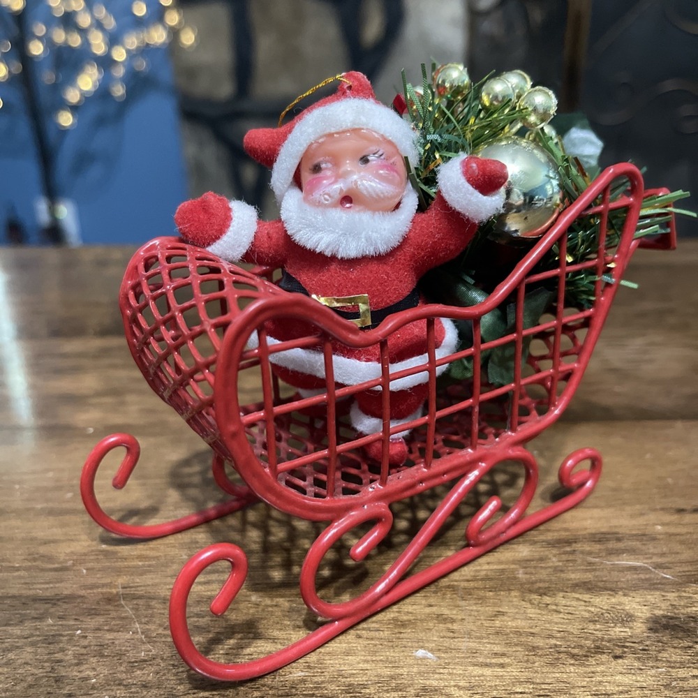 Vintage Plastic Blow mold Christmas Santa Flocked Metal Sleigh Tabletop Ornament
